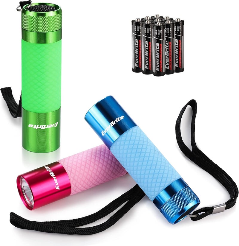 EverBrite 3-Pack Mini Flashlights, Glow in Dark Flashlights, Aluminum LED Flashlights Party Favors Assorted Colors for Camping, Hiking, Indoor, 9XAAA Batteries Included - Image 1